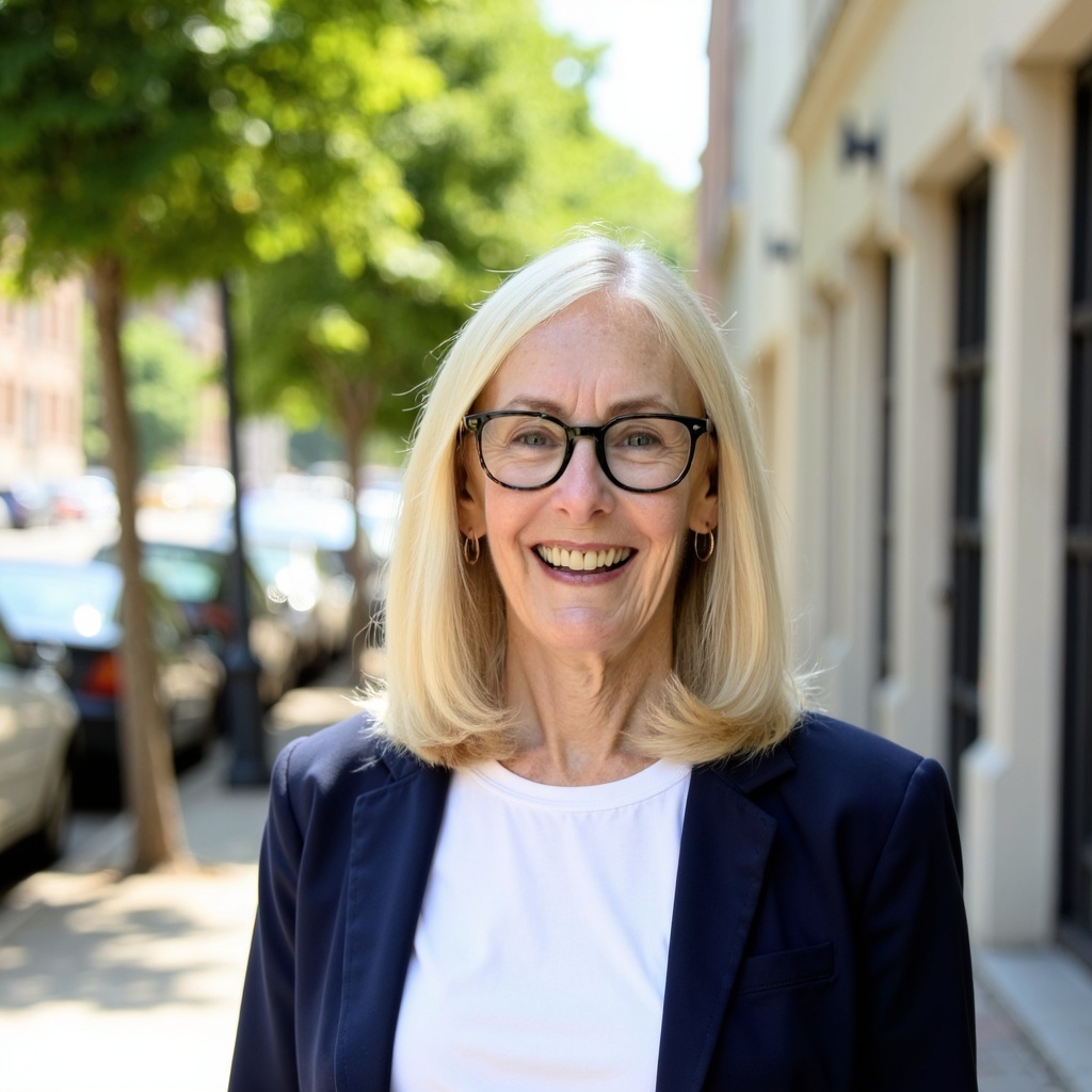 Diane Pleuss on a downtown sidewalk in a navy blazer and white tee, mid-stride and smiling