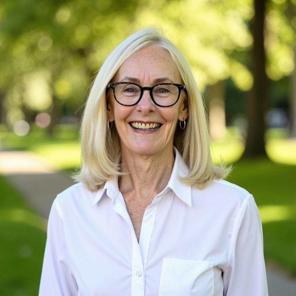 Diane Pleuss in a relaxed white shirt on a park path, calm and approachable